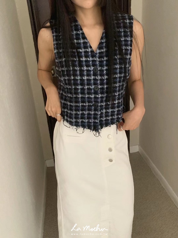 不收邊排釦小香格紋背心